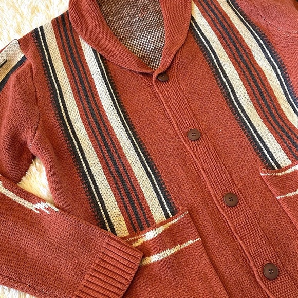 Western Cowichan Native Knit Red Shawl Collar Traditional Button Front Sweater - Picture 5 of 8